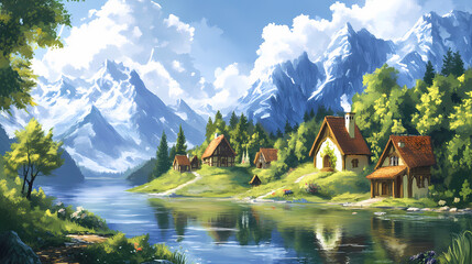 Obraz premium Idyllic mountain village landscape, peaceful alpine lake with rustic cottages, scenic snow-capped peaks and lush green forest digital art