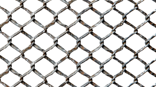 Steel chainlink mesh fence isolated on transparent background 