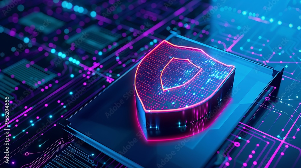 Poster high-tech digital security concept with a glowing shield on a computer chip representing cybersecuri