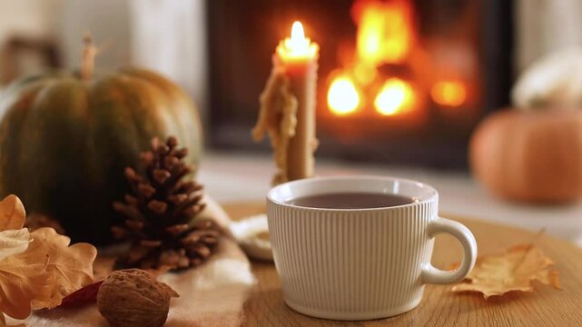 Autumn hygge. Cup of warm tea, pumpkins, autumn leaves on wooden table against burning fireplace in living room. Cozy fall footage. Thanksgiving and Halloween.