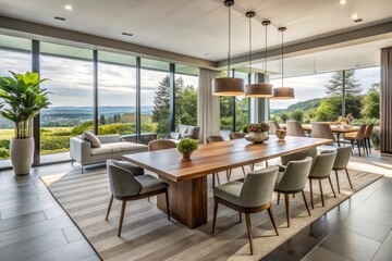 A stunning modern dining space bathes in natural light, featuring high-end furniture and understated decor, creating a