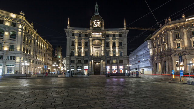Piazza Cordusio is an important commercial square in the city night timelapse hyperlapse