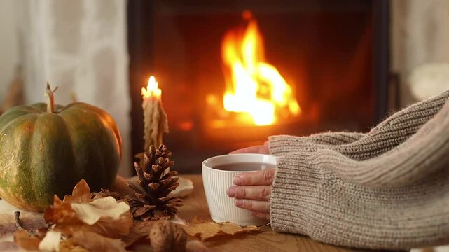 Autumn hygge. Hands in sweater holding cup of warm tea and pumpkins, autumn leaves on table against burning fireplace in living room. Cozy fall footage. Thanksgiving and Halloween.
