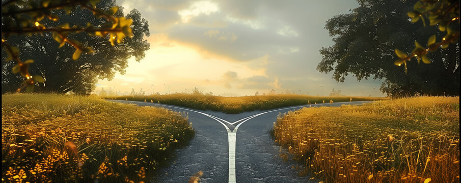 Forked path in a golden field at sunset.