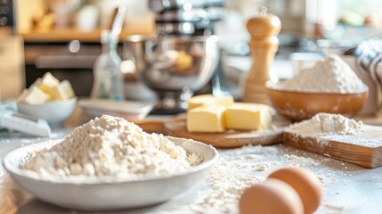 Fototapeta premium A close-up of baking ingredients including flour, butter, and eggs on a kitchen counter, conveying a cozy and rustic baking atmosphere.