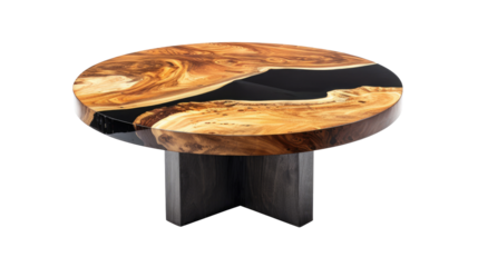 Coffee table, living room table. Epoxy resin handmade wood table on transparent background