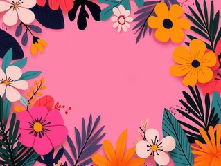 Obraz premium Colorful floral frame on pink background.