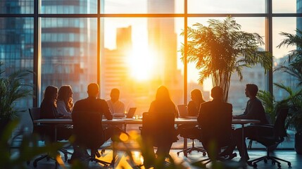 Fototapeta premium Office workers in a meeting with sunlight coming through the windows, Monday morning, collaboration and teamwork