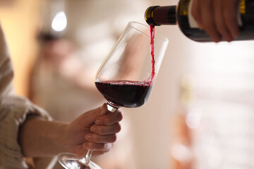 Man pouring red wine into woman`s glass indoors, selective focus