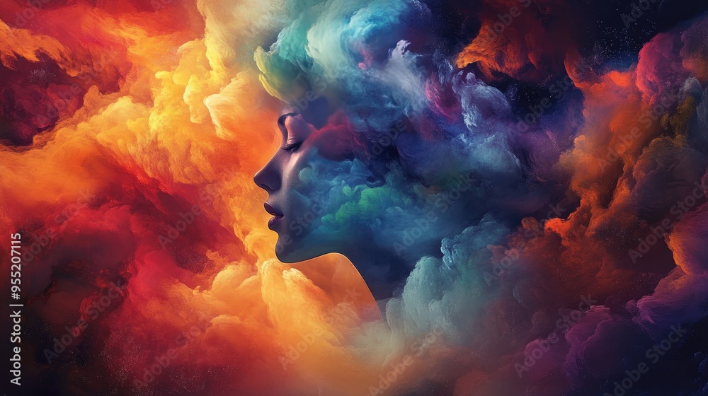 Canvas Prints Abstract Portrait of a Woman Surrounded by Colorful Clouds