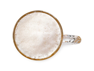 Glass mug of beer isolated on white, top view