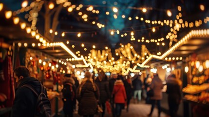 Festive night market with bright string lights, bustling crowds, and various stalls offering goods and food in a warm, lively atmosphere.