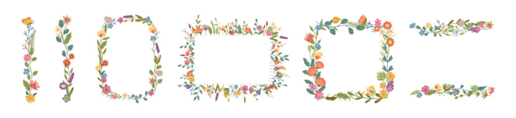 Floral borders lines and geometric frames compositions with wildflowers and foliage. Vector flat set of blooming plants, square and rectangle with copy space. Greeting or invitation banners