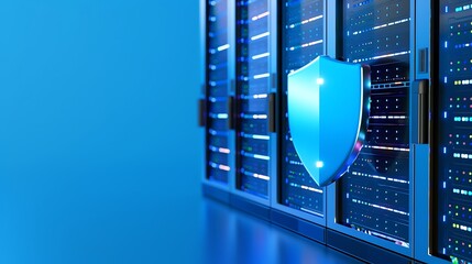 Modern server room with a shield icon representing cybersecurity. Blue lighting and sleek design emphasize data protection and network security.