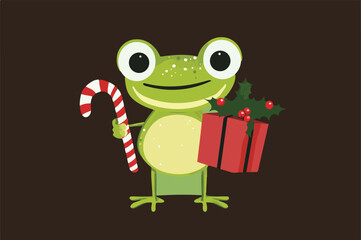 Christmas Frog with Gift and Striped Candy Cane - Cartoon Kawaii Vector