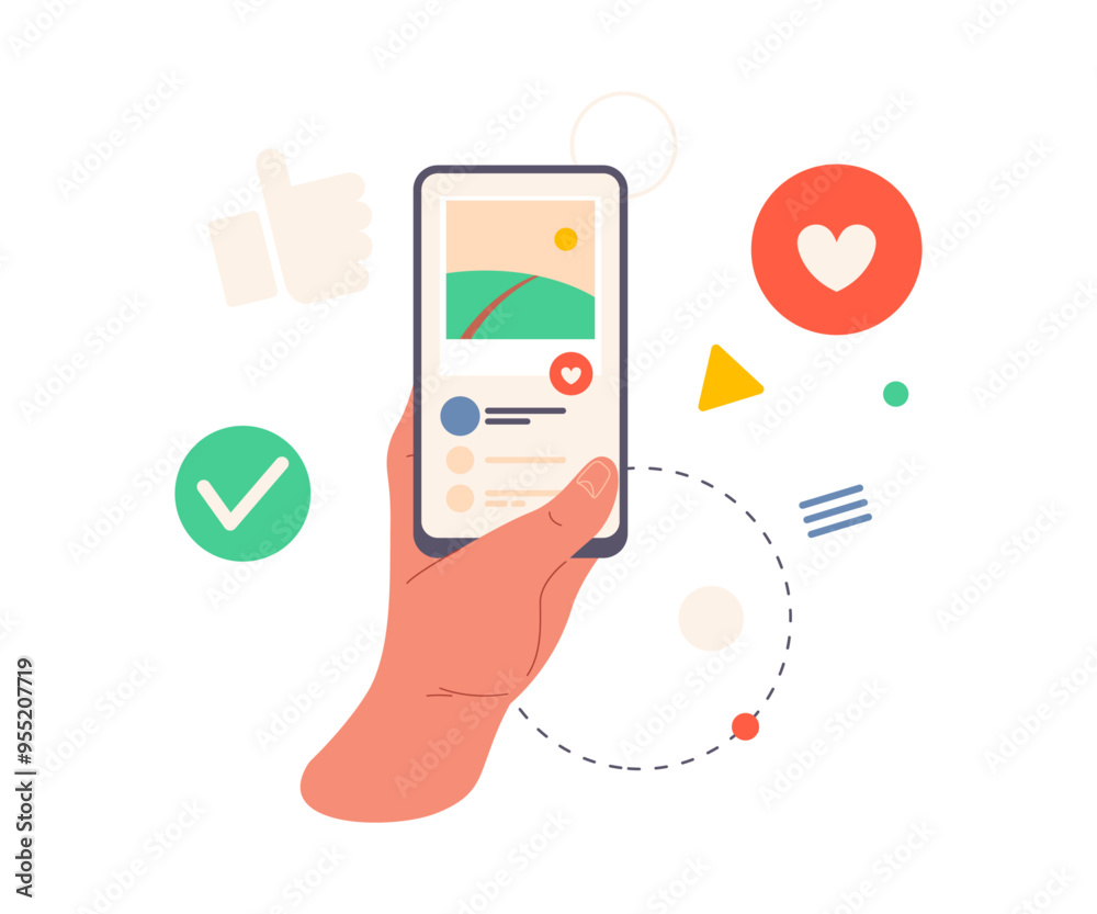 Poster smartphone screen with gallery photos or social media with likes and posts, flat cartoon vector illu