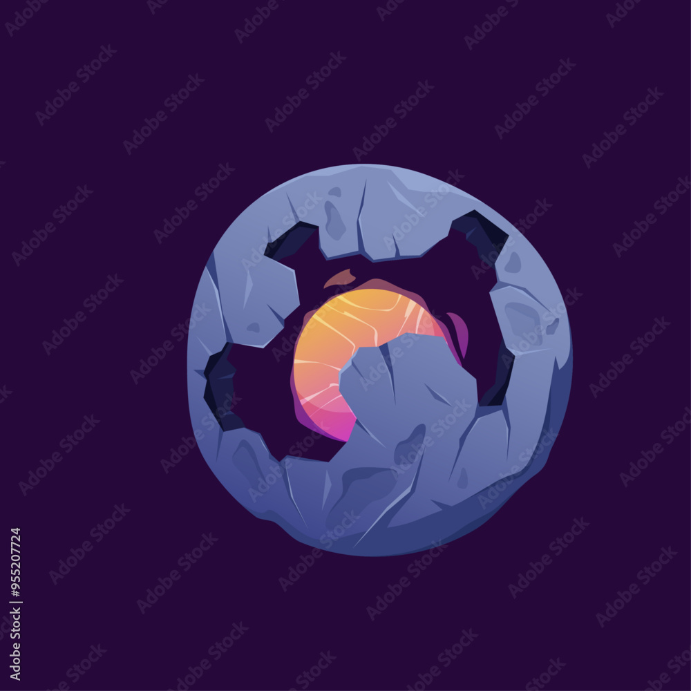 Poster Energy ball with core and stone shell. Vector isolated game assets for futuristic cosmic atmosphere or landscape. Abstract sphere with light glowing effect, round mysterious shiny magic orb
