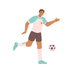 Cartoon male soccer player going to kick a ball. Vector illustration of sportive man playing football hitting ball isolated on white. Active guy person kicking, football game play