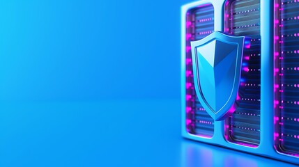 Modern server security concept with a shield on a server rack. Blue and purple lighting. Data protection and cybersecurity symbol.