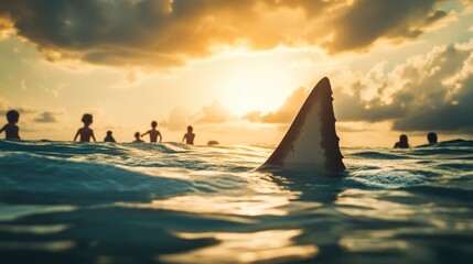 Fototapeta premium A shark fin surfaces near people playing in the water, symbolizing the hidden dangers of the sea. Copy space available.