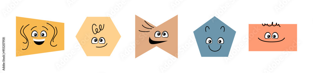 Poster cute funny geometric element compositions in doodle manner, isolated rectangles, hexagons and pentag