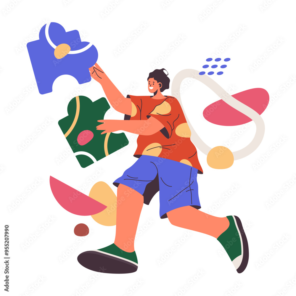 Aufkleber solving business problems and issues in innovative and creative way, flat cartoon, vector illustrati
