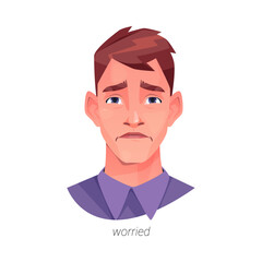 Worried man personage with sad face. Vector isolated flat cartoon character, depression and sadness, grief and sorrow. Emotional instability and sadness in eyes of person, personal problems