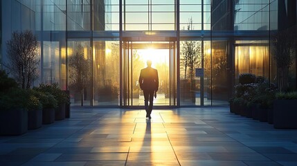 Employee walking into a corporate building, Monday morning, beginning of the workday