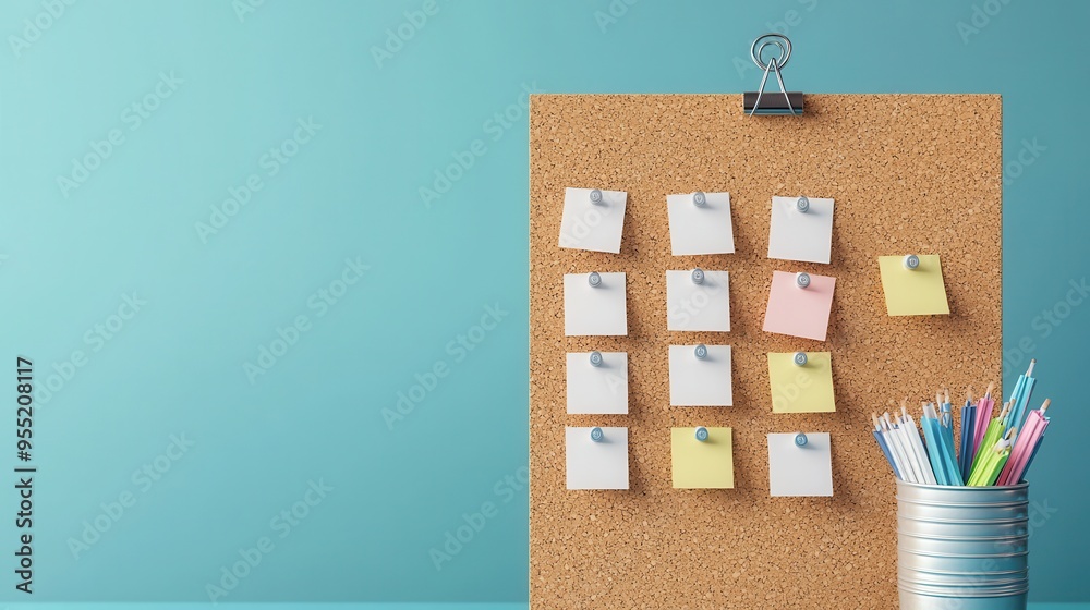 Canvas Prints Blank Corkboard with Sticky Notes and Pens.