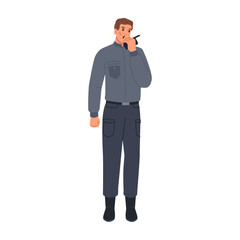 Policeman speaking through walkie talkie to partner. Vector flat cartoon character, isolated officer or cop, security guy and law enforcement worker wearing uniform. Protection and safety