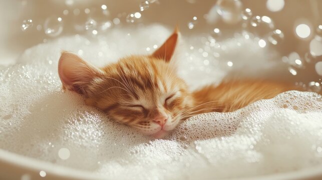A sleeping orange tabby kitten nestled comfortably in a bathtub full of bubbles, creating a delightful and peaceful image. Copy space