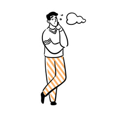 Male personage thinking with closed eyes. Vector flat cartoon character, isolated thoughtful pensive man brainstorming and trying to find solution. Worker questioning, curious or troubled boy