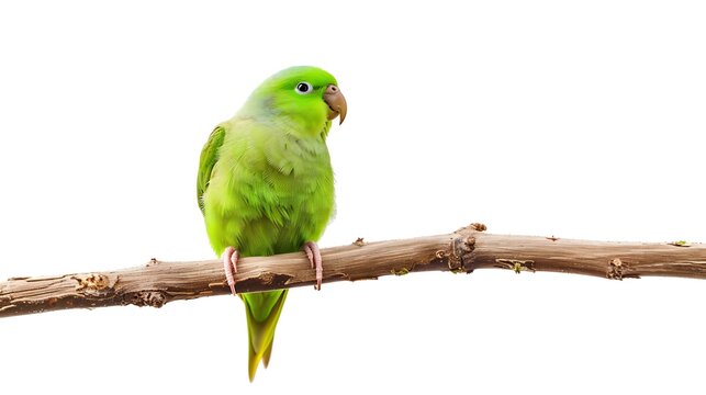 A bright green parrotlet perched on a single branch, isolated on white.
