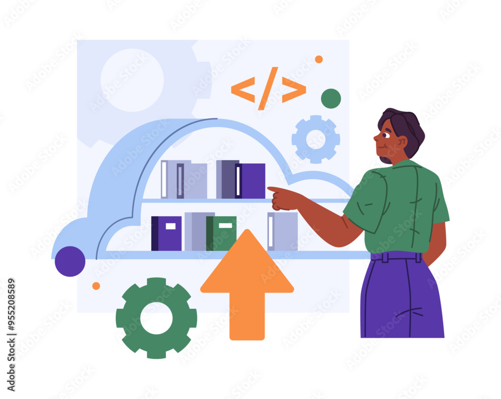 Poster Exchanging files and documents through online backup systems and applications. Vector isolated woman with cloud computing service, settings and downloading data on server or office databases