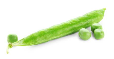 Green fresh peas and pod isolated on white