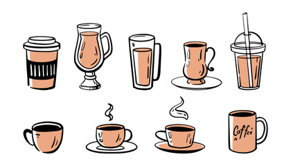 Coffee beverages served in glass and ceramic cups. Vector isolated set of various drinks, latte to go and iced mocha in plastic disposable mug. Breakfast and lunch in cafe or restaurant