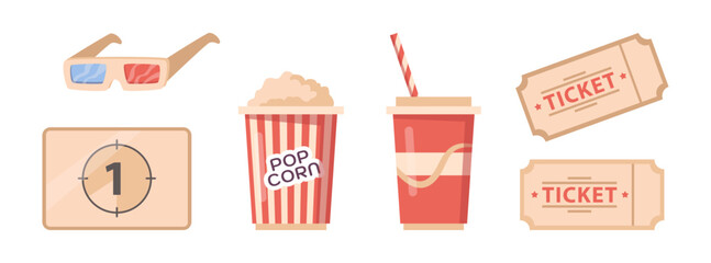 Popcorn and tickets for cinema session. Vector isolated set of admission and soda with straw. 3d glasses for movie, films watching in cinematography. Beverage and snack for enjoying watching