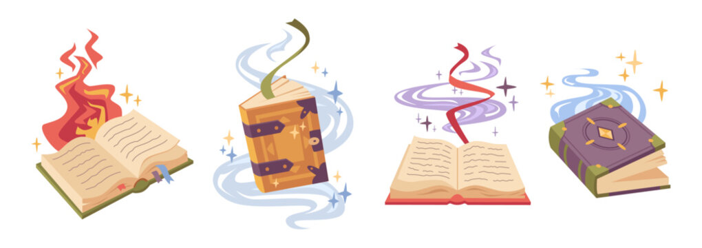 Witch or wizard magic spell book or manuscript. Vector flat cartoon style, isolated fantasy books with glowing and sparks. Open grimoires of witchery and sorcerers. Ancient mystery library