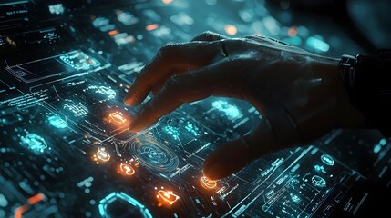 Futuristic Hand Reaching for Holographic Data Interface with Glowing Symbols