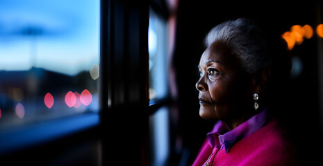 Obraz premium portrait of elderly woman looking to the side with sad, confused face expression; idea of past, years passing by, elderly, loneliness, depression, ageing; copy space; widescreen backdrop
