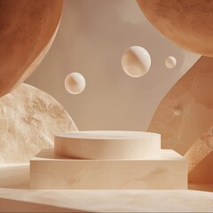 A podium surrounded by abstract, floating forms, in a surreal, otherworldly environment with soft, diffused light