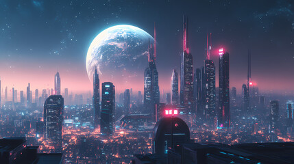 widescreen, wallpaper, amazing lanscape scene, futuristic sci-fi amazing stunning scene, metaverse technology , uap , ufo, planet and moon, night of civilized city. Futuristic City. Illustration