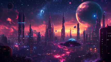 widescreen, wallpaper, amazing lanscape scene, futuristic sci-fi amazing stunning scene, metaverse technology , uap , ufo, planet and moon, night of civilized city. Futuristic City. Illustration