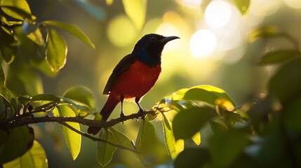 Fototapeta premium Crimson Sunbird sitting on a small branch with sunlight filtering through the leaves, Ai generated images