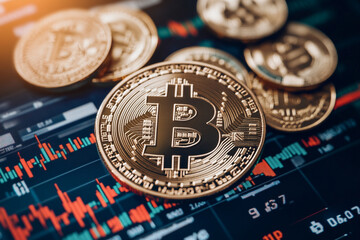 Bitcoin Cryptocurrency Coin on Trading Platform with Price Chart in Background, Highlighting Digital Currency, Blockchain Technology, and Financial Market Trends in the World of Decentralized Finance