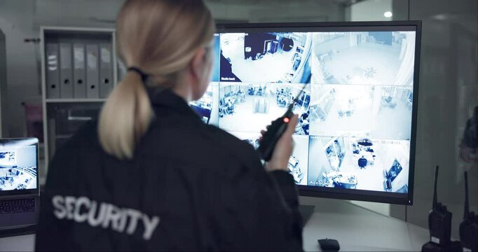 Woman, walkie talkie or screen for cctv monitor for protection, security service or building safety. Back view, video surveillance agency or person in control room with footage or camera at night