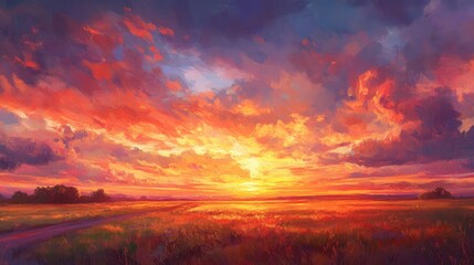 Fototapeta premium Fiery Sunset Over a Field of Tall Grass