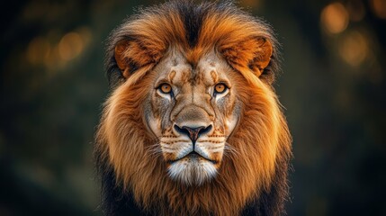 Fototapeta premium Breathtaking portrait of a regal lion, its mane and piercing gaze embodying the untamed power and majesty of the wild