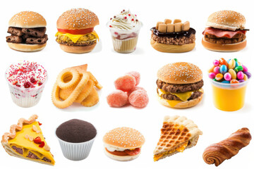 A colorful assortment of donuts, cookies, fries, and chocolate chips, showcasing various toppings and flavors on a white background.