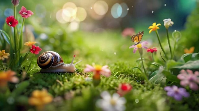 A snail is on the grass in a flower garden in the morning sunlight. Seamless 4K looping timelapse video animation background